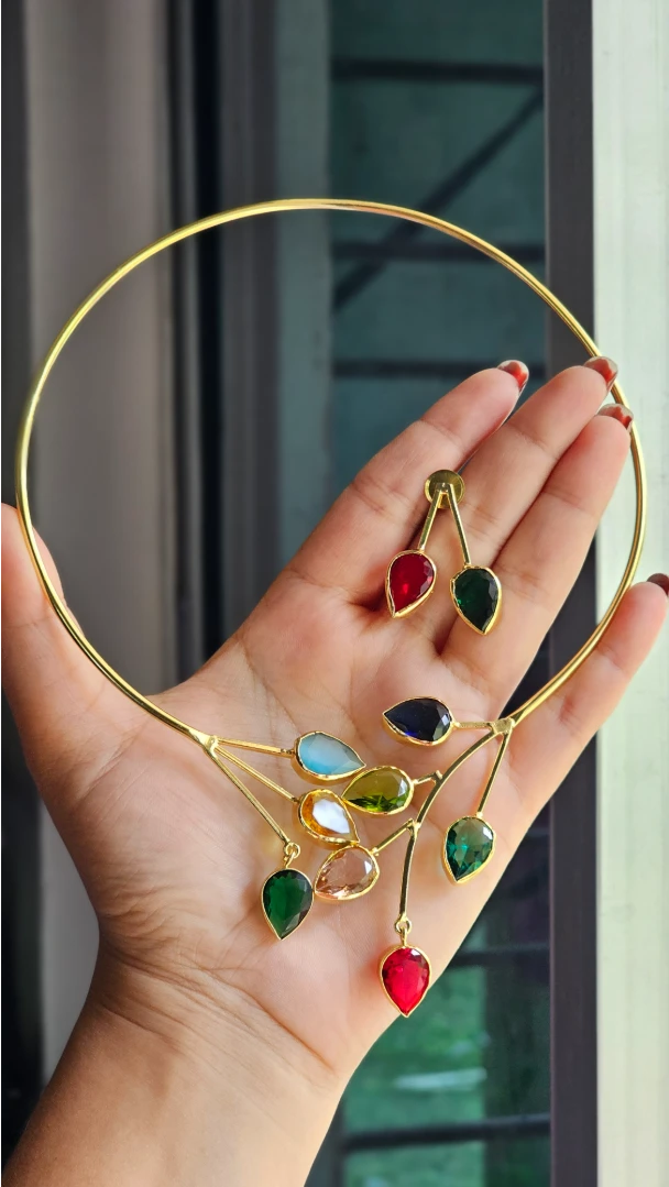 Multicolour Hydro Glass Stone Flower Hasli With Earrings 