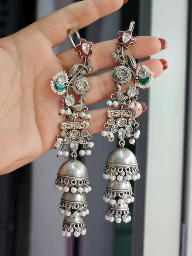 Silver Peacock Jhumka Earrings